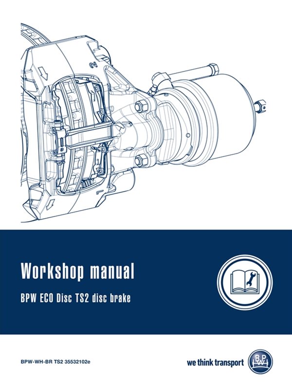 A BPW eco Disc TS2 disc brake workshop manual with a line drawing of a disc brake 