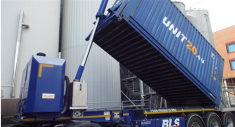 A Hidromas hydraulic tipper lifting a blue container  